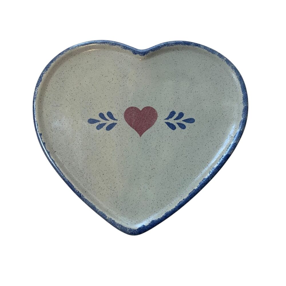 Vintage Spongeware Heart Shaped Stoneware Plate Heart Design Country Farmhouse